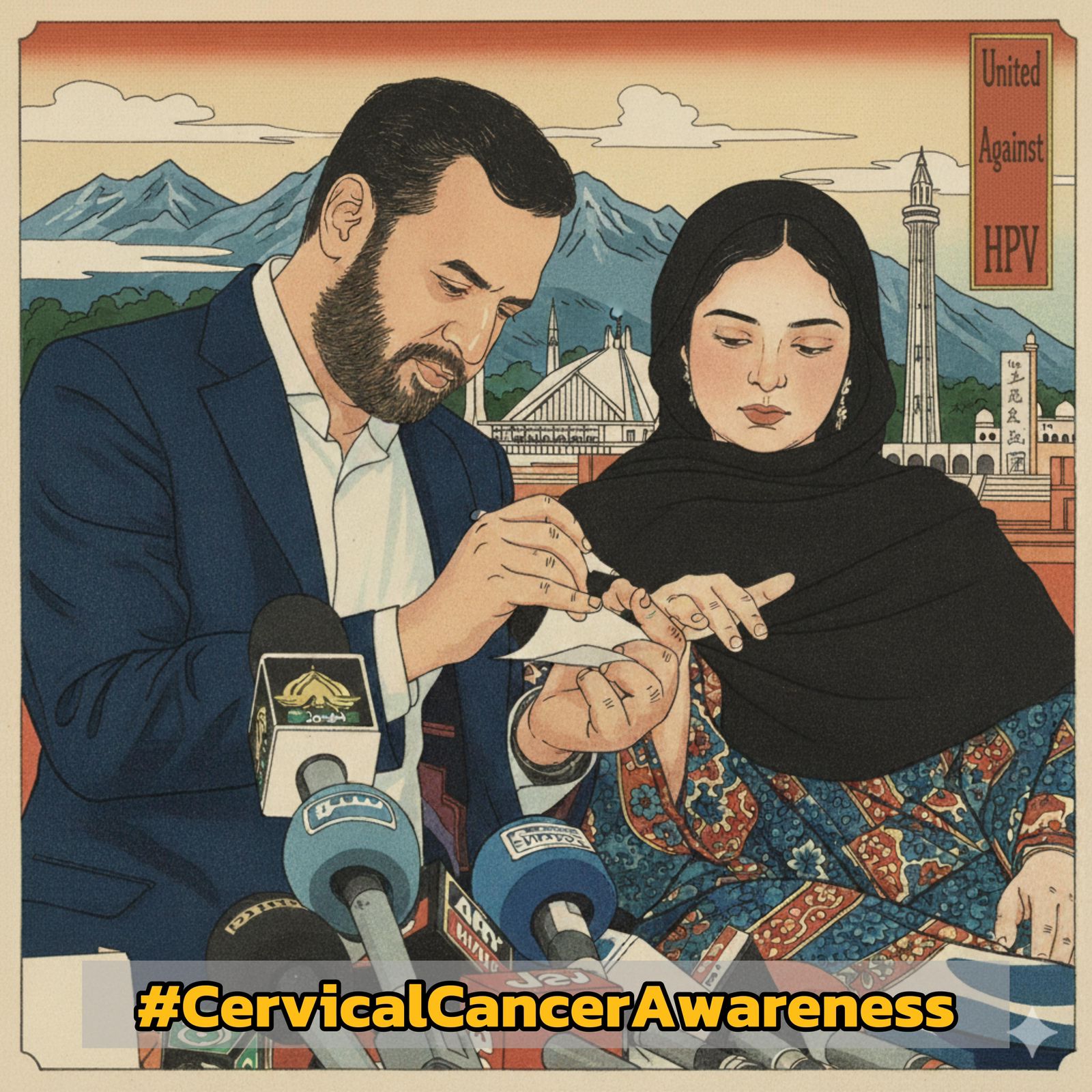 Federal Health Minister Mustafa Kamal with his daughter receiving the HPV vaccine